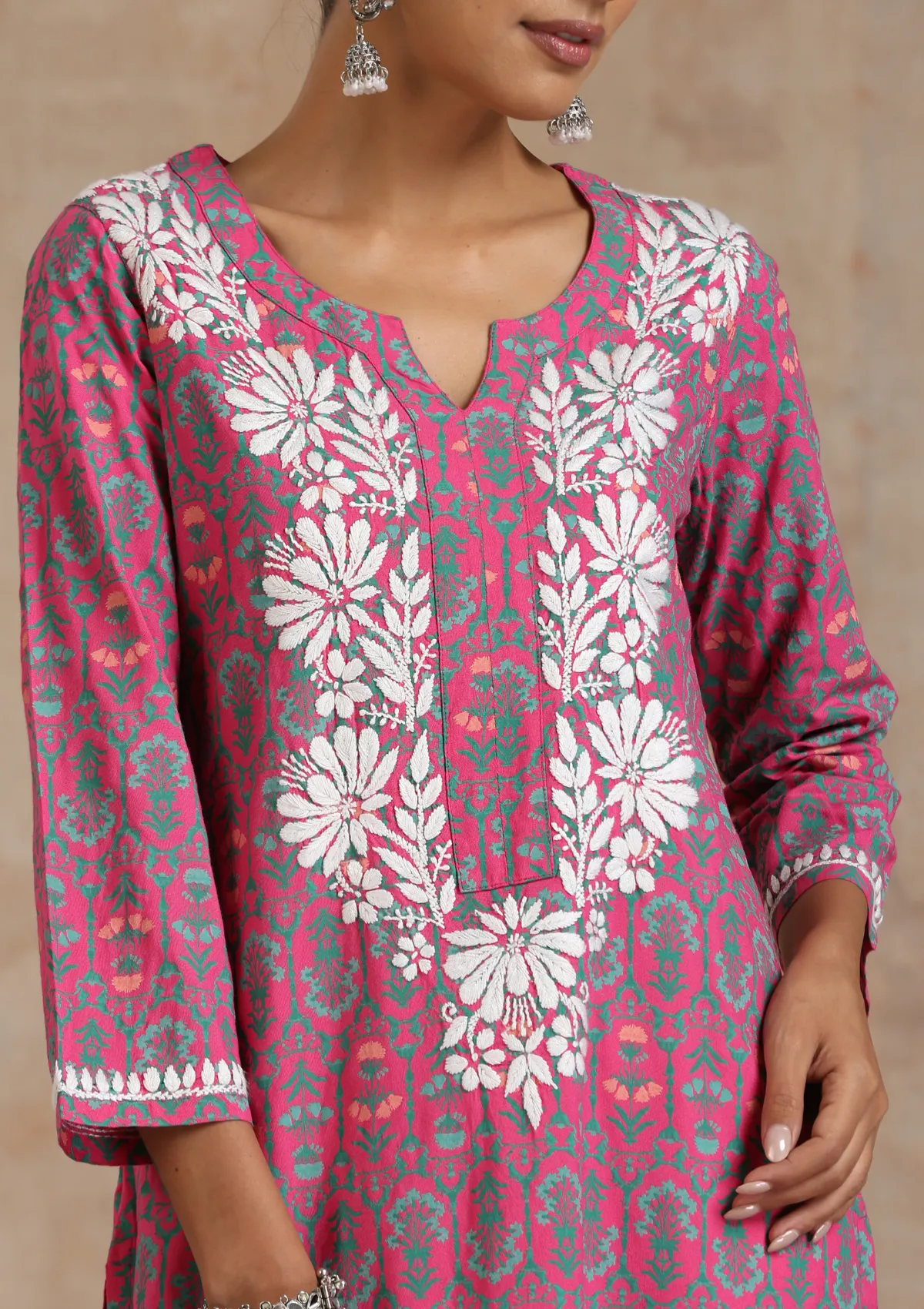 Cotton Chikankari Printed Women's Long Kurta - Pink