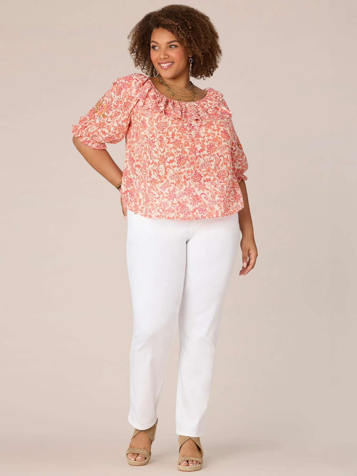 Elbow Blouson Sleeve Round Ruffle Neck Printed Plus Size Woven Top