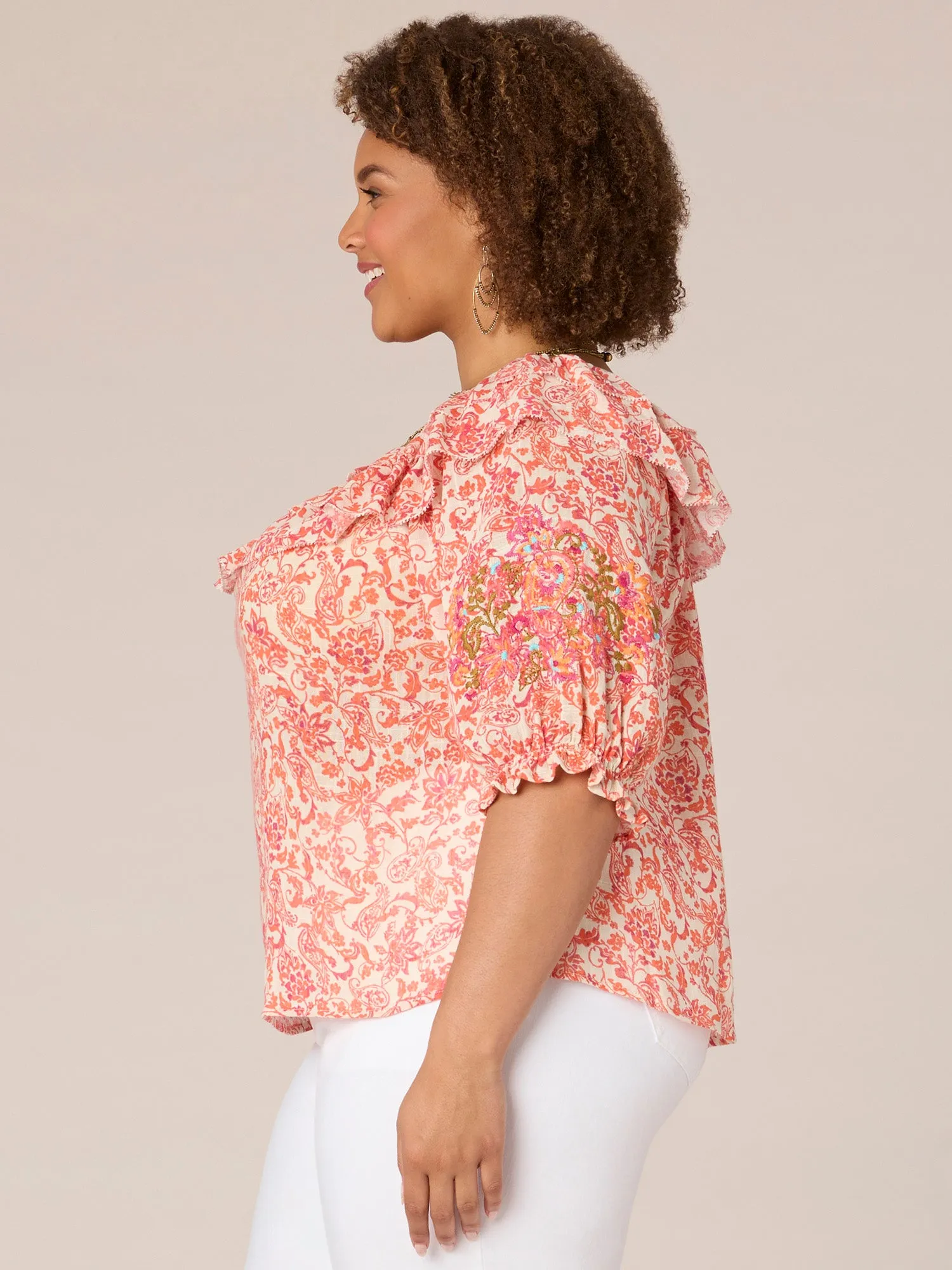 Elbow Blouson Sleeve Round Ruffle Neck Printed Plus Size Woven Top