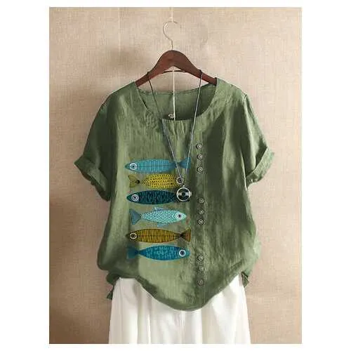 Fish Print Patched T-shirt