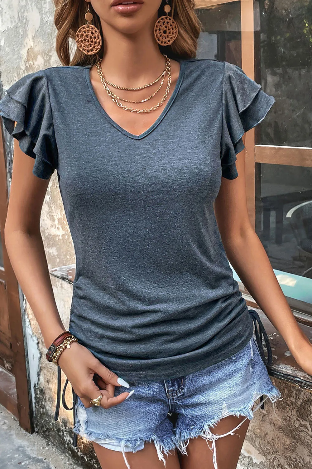 Gray Ruffle Short Sleeves V Neck Drawstring Top