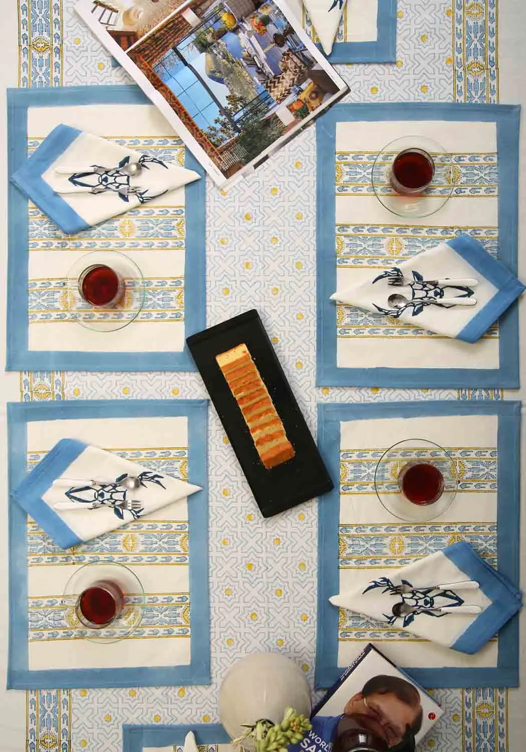 Hand Block Print Muscari Table Runner and Placemat & Napkin Set
