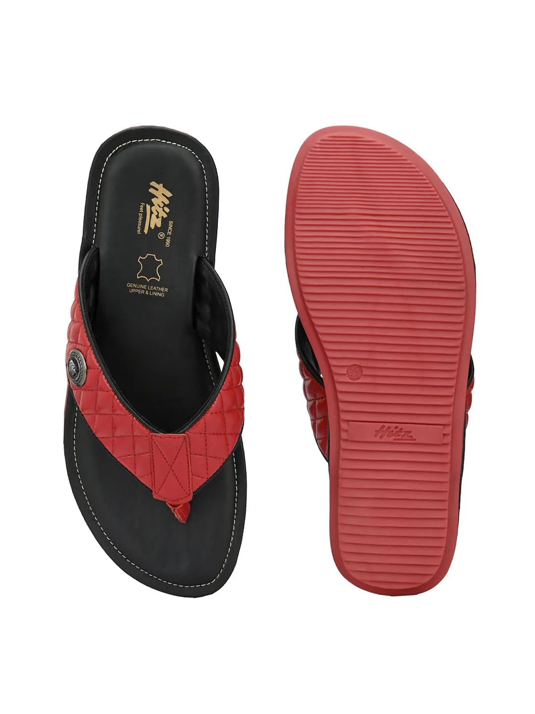 Hitz Men's Red Leather Casual Open Toe Indoor Outdoor Slippers