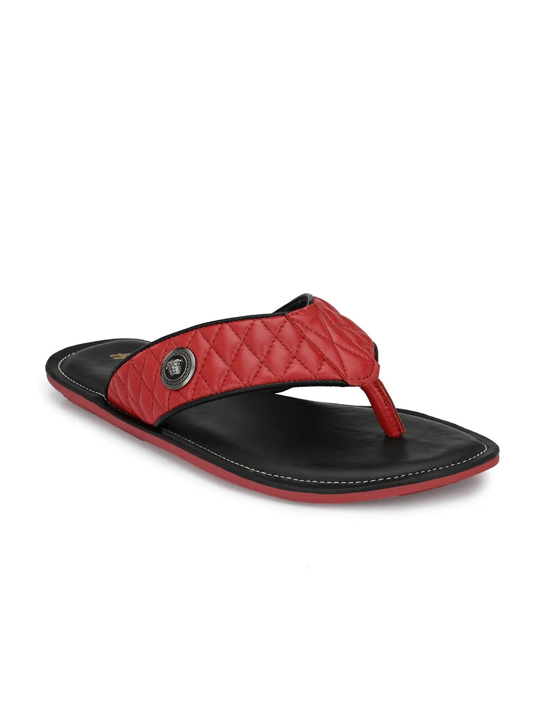 Hitz Men's Red Leather Casual Open Toe Indoor Outdoor Slippers