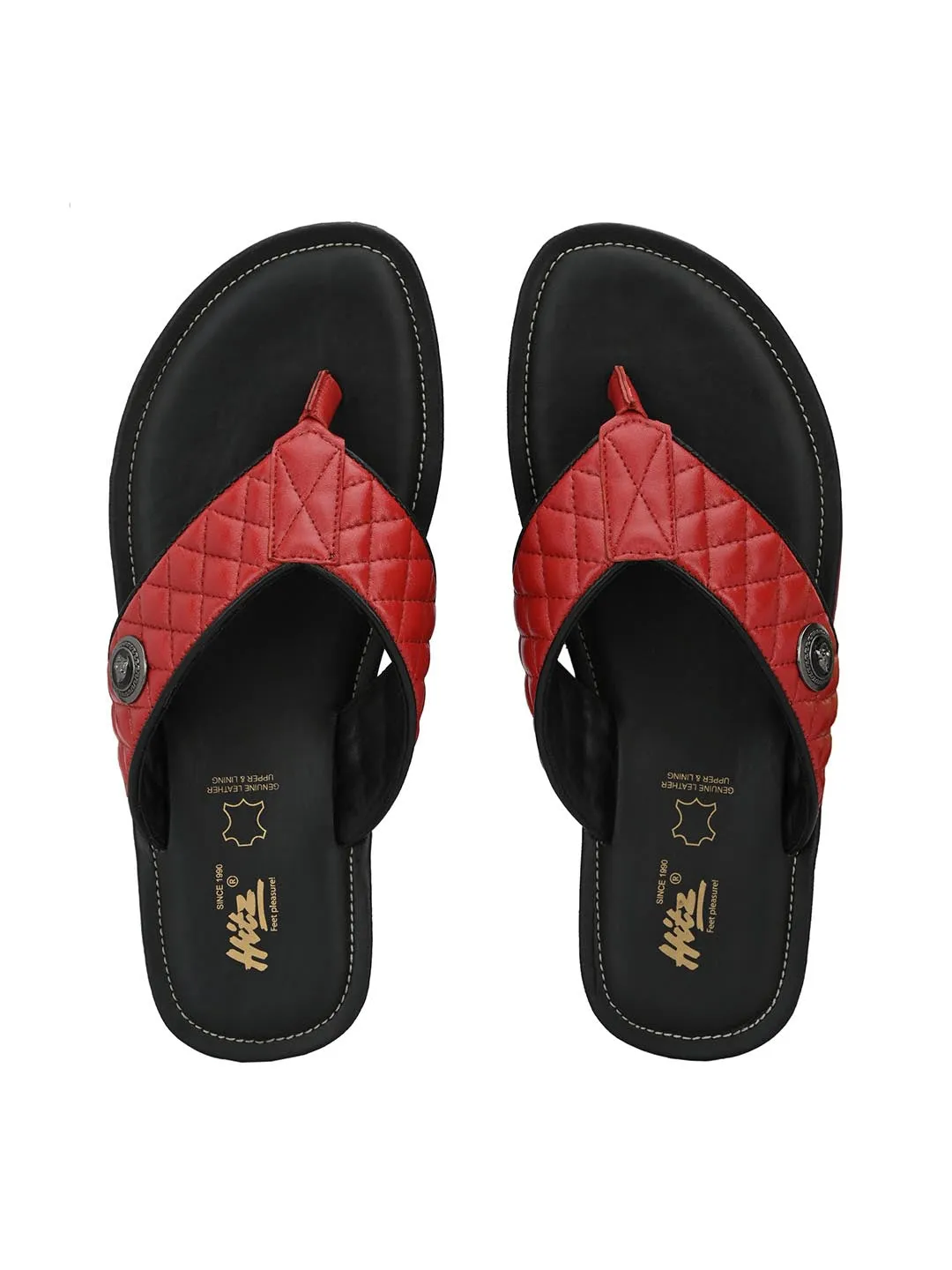 Hitz Men's Red Leather Casual Open Toe Indoor Outdoor Slippers