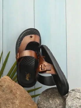 Hitz Men's Tan Leather Casual Daily Wear Buckle Slipper