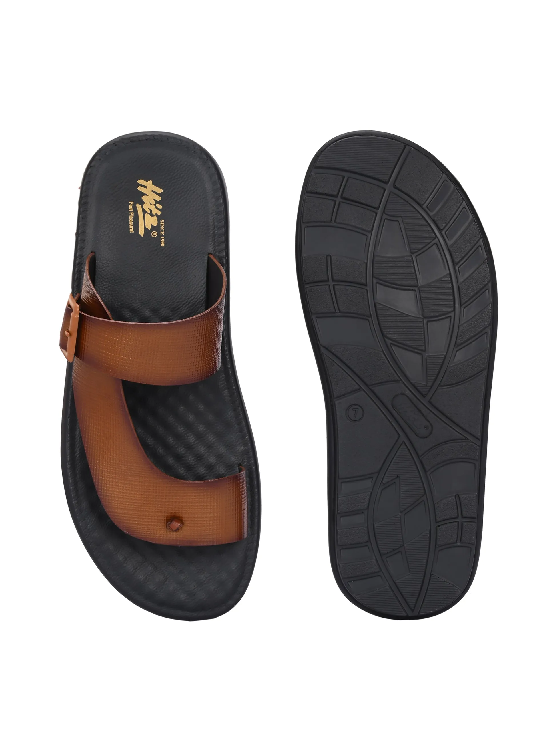 Hitz Men's Tan Leather Casual Daily Wear Buckle Slipper
