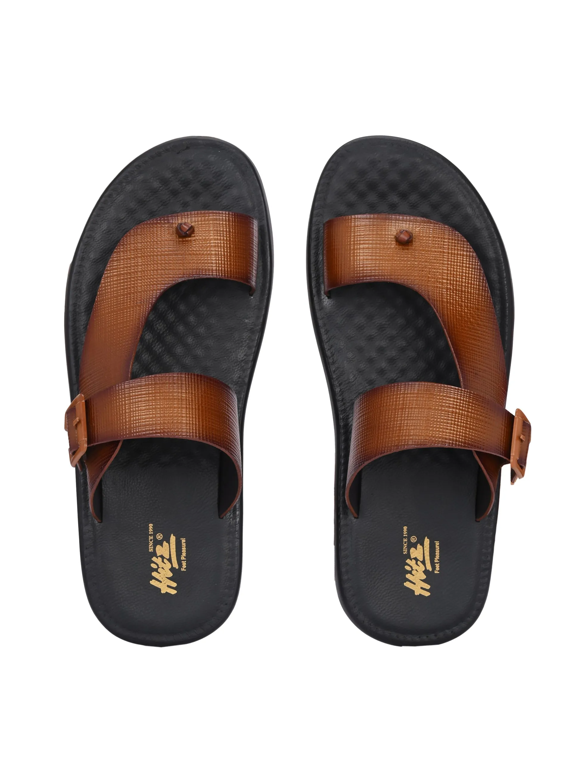 Hitz Men's Tan Leather Casual Daily Wear Buckle Slipper