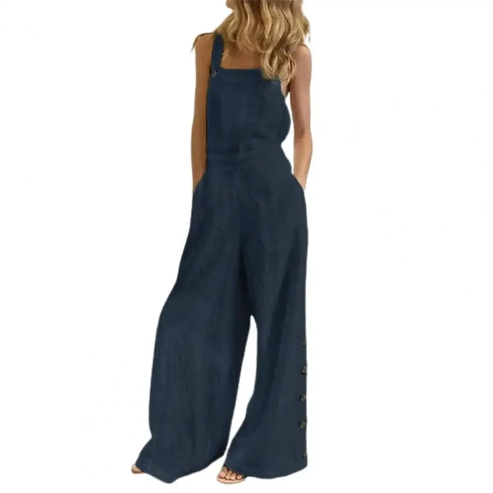 Hot！Women Jumpsuit Rompers Wide Leg Pants Pure Color Low Cut Plus Size Side Buttons Sleeveless Long Trousers Suspenders Playsuit