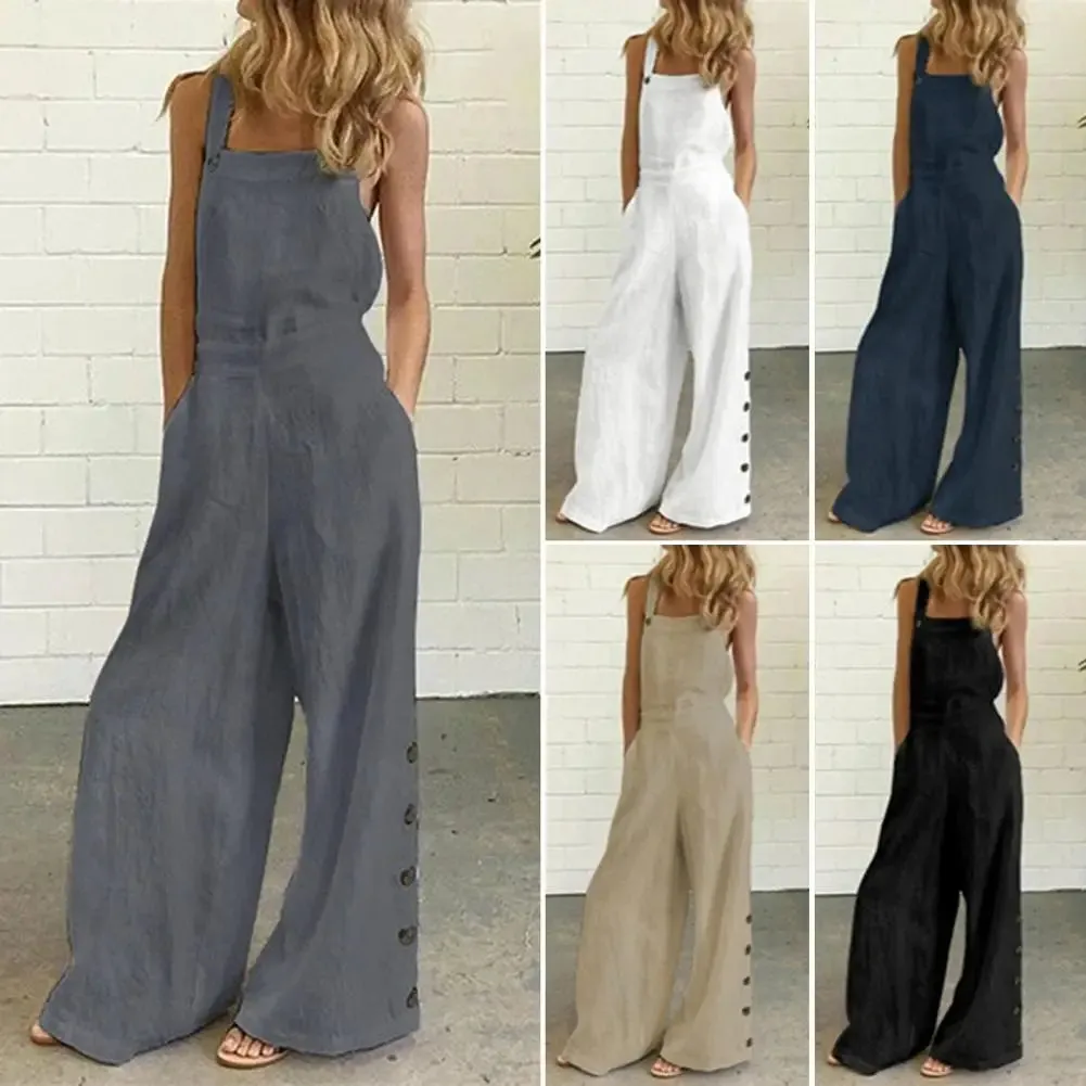 Hot！Women Jumpsuit Rompers Wide Leg Pants Pure Color Low Cut Plus Size Side Buttons Sleeveless Long Trousers Suspenders Playsuit