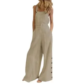Hot！Women Jumpsuit Rompers Wide Leg Pants Pure Color Low Cut Plus Size Side Buttons Sleeveless Long Trousers Suspenders Playsuit
