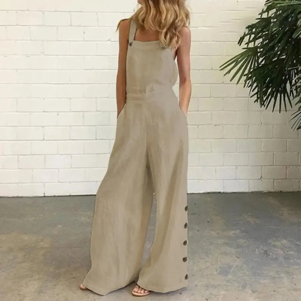 Hot！Women Jumpsuit Rompers Wide Leg Pants Pure Color Low Cut Plus Size Side Buttons Sleeveless Long Trousers Suspenders Playsuit