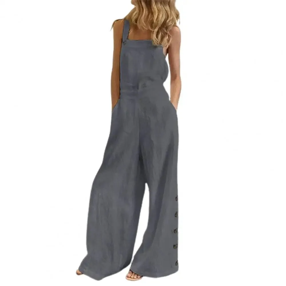 Hot！Women Jumpsuit Rompers Wide Leg Pants Pure Color Low Cut Plus Size Side Buttons Sleeveless Long Trousers Suspenders Playsuit