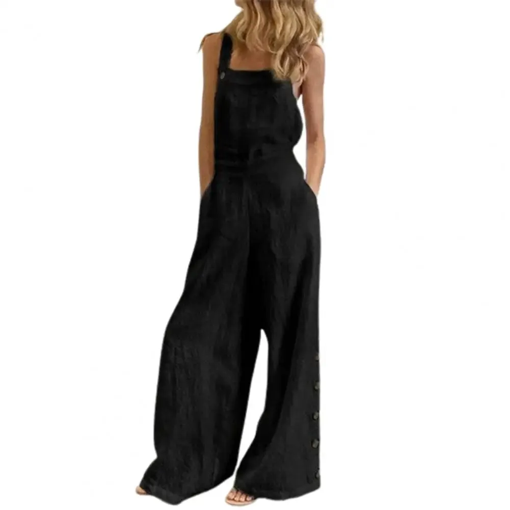Hot！Women Jumpsuit Rompers Wide Leg Pants Pure Color Low Cut Plus Size Side Buttons Sleeveless Long Trousers Suspenders Playsuit