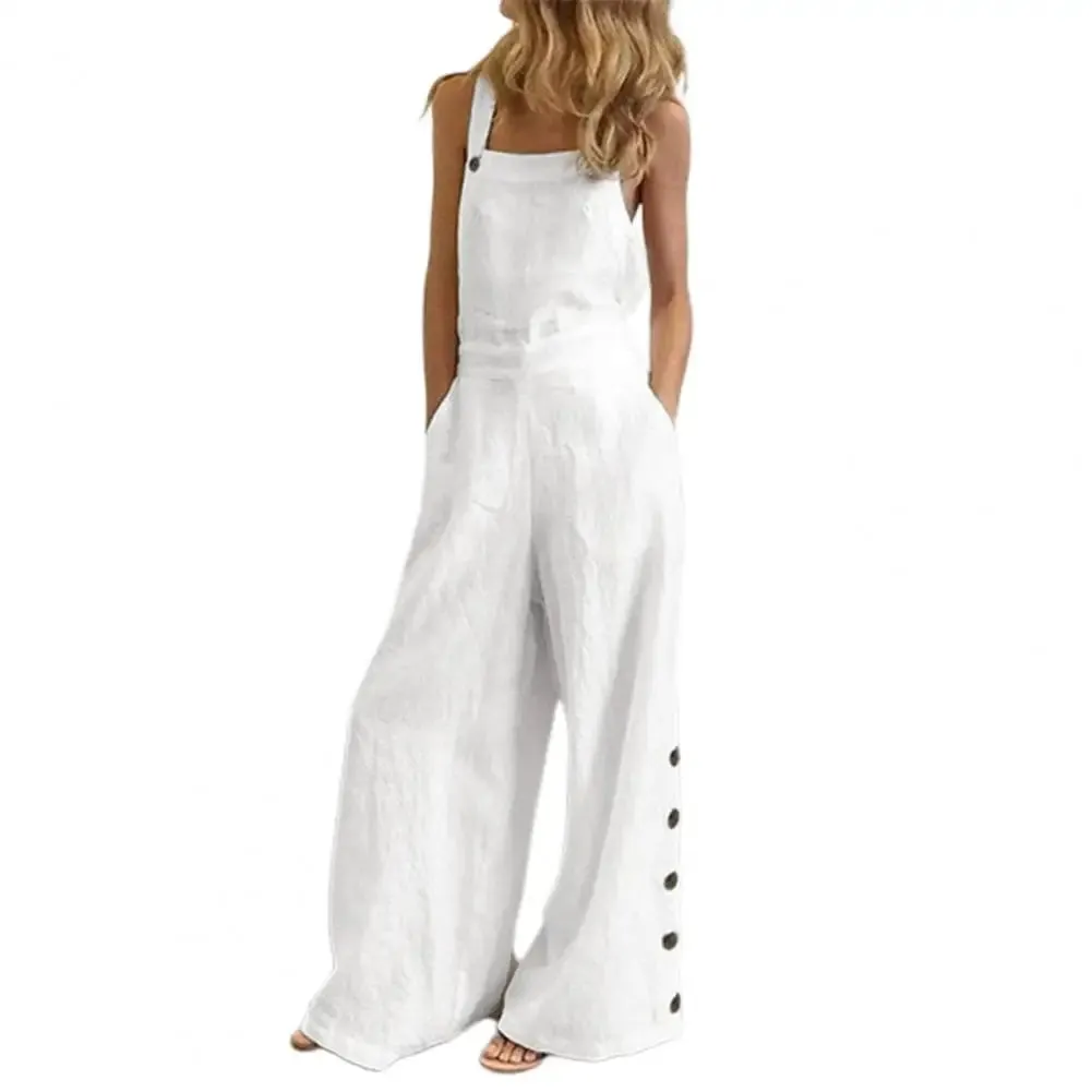 Hot！Women Jumpsuit Rompers Wide Leg Pants Pure Color Low Cut Plus Size Side Buttons Sleeveless Long Trousers Suspenders Playsuit