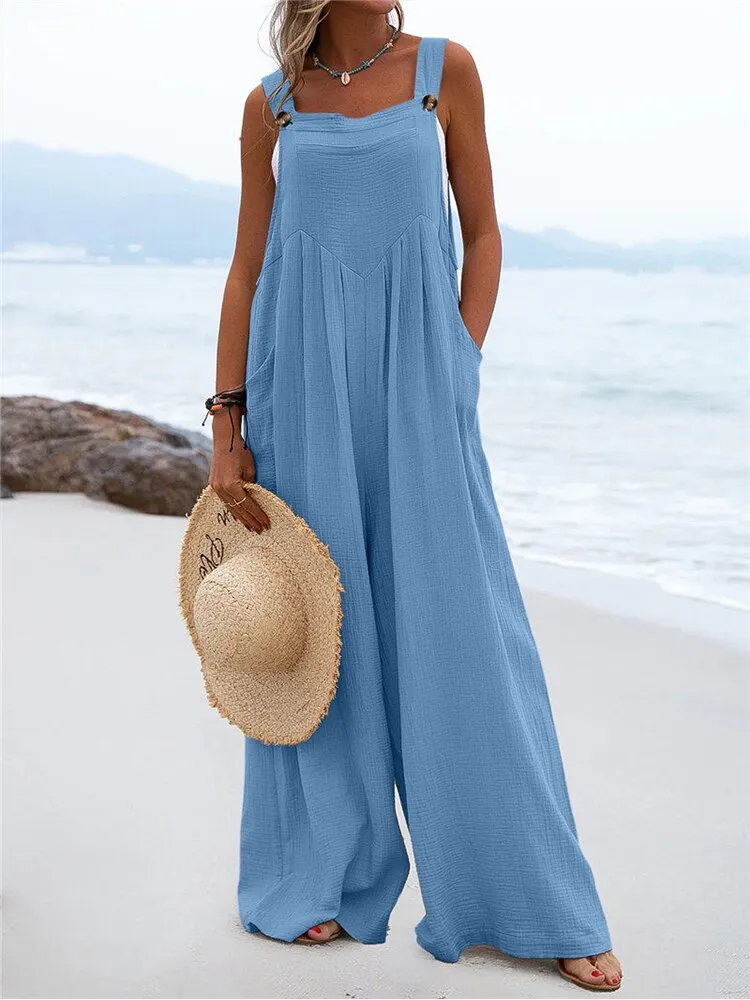 Joskaa Women Sexy Off Shoulder Beach Romper Overalls Solid Elegant Loose Straight Pants Playsuits Casual Pocket Button Strappy Jumpsuit
