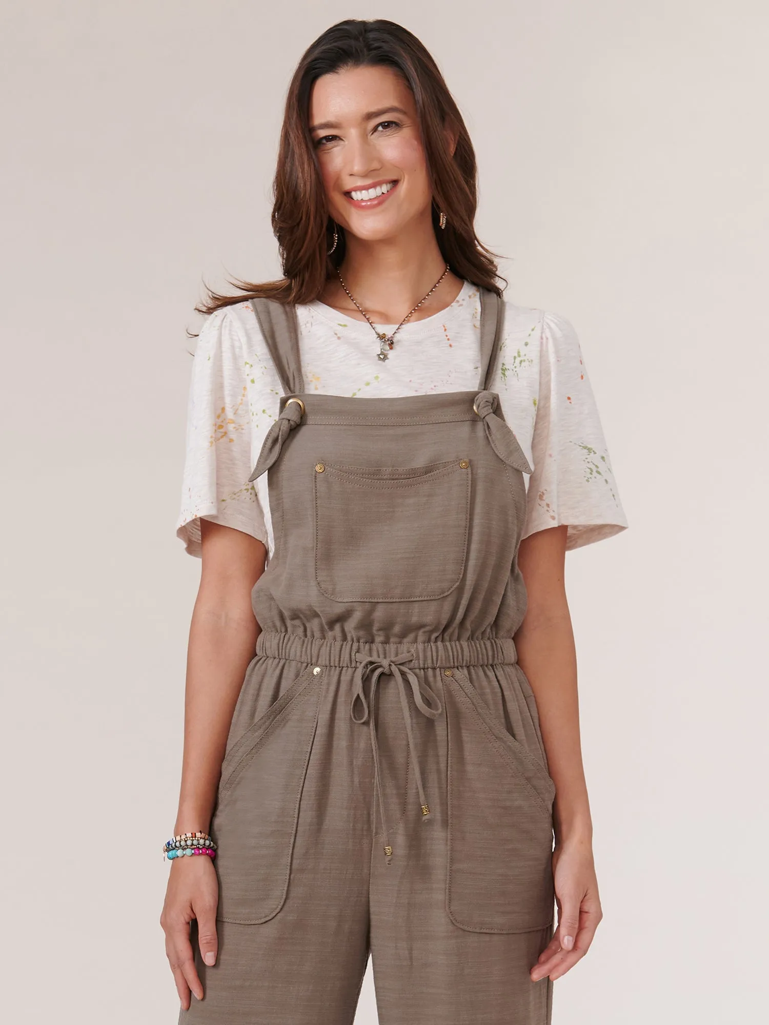 Knot Shoulder Double Layer Pocket Cropped Overalls