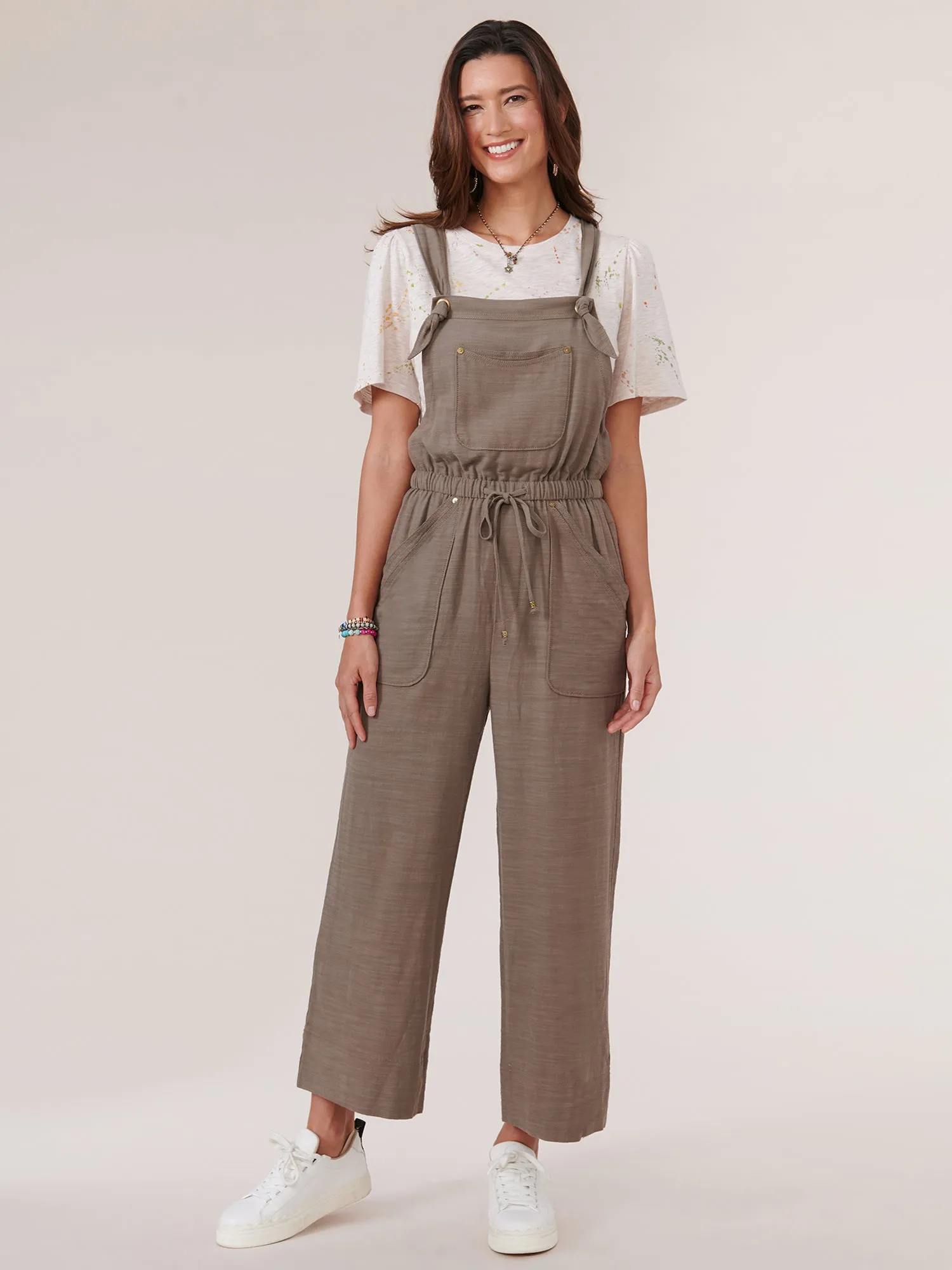 Knot Shoulder Double Layer Pocket Cropped Overalls