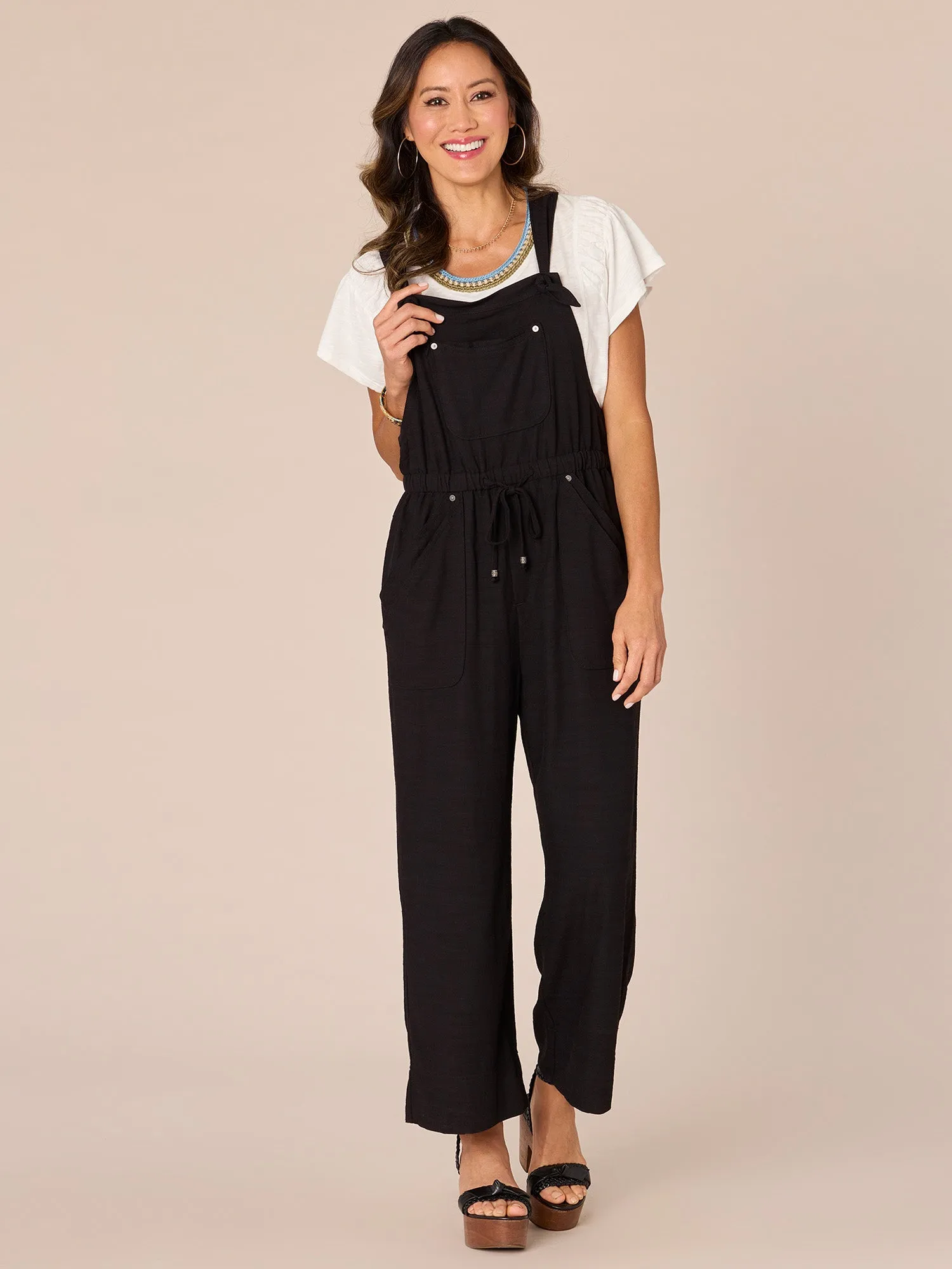 Knot Shoulder Double Layer Pocket Cropped Overalls