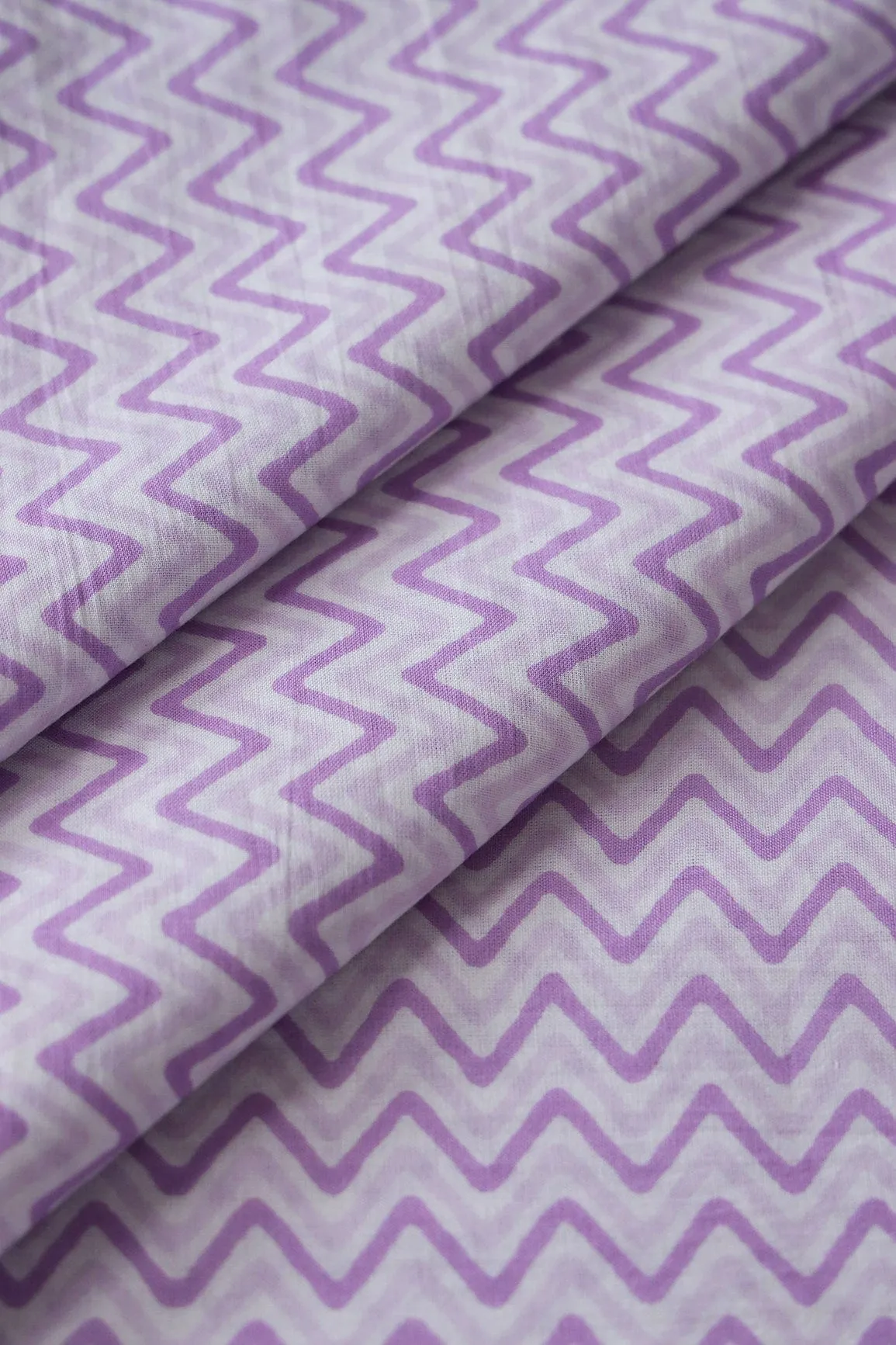 Lavender Chevron Print On White Pure Cotton Fabric