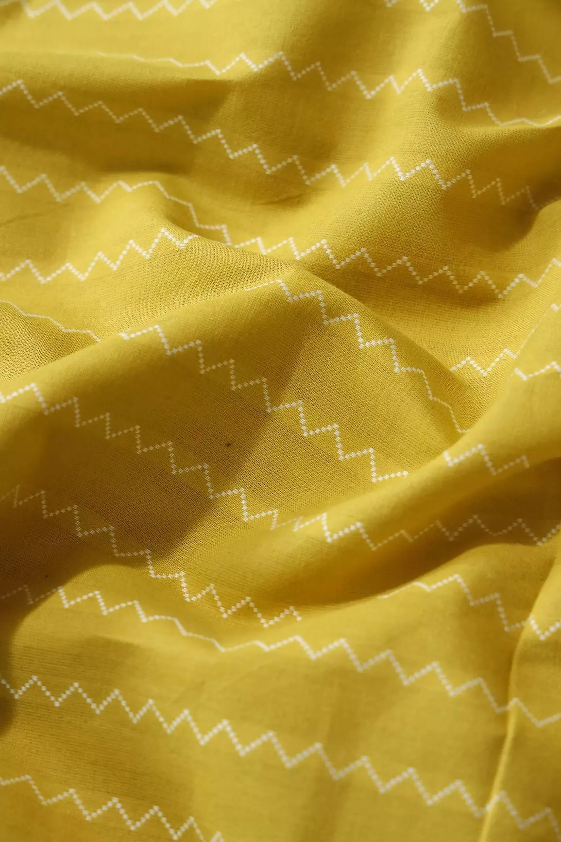 Lemon Yellow And White Chevron Pattern On Handwoven Organic Cotton Fabric