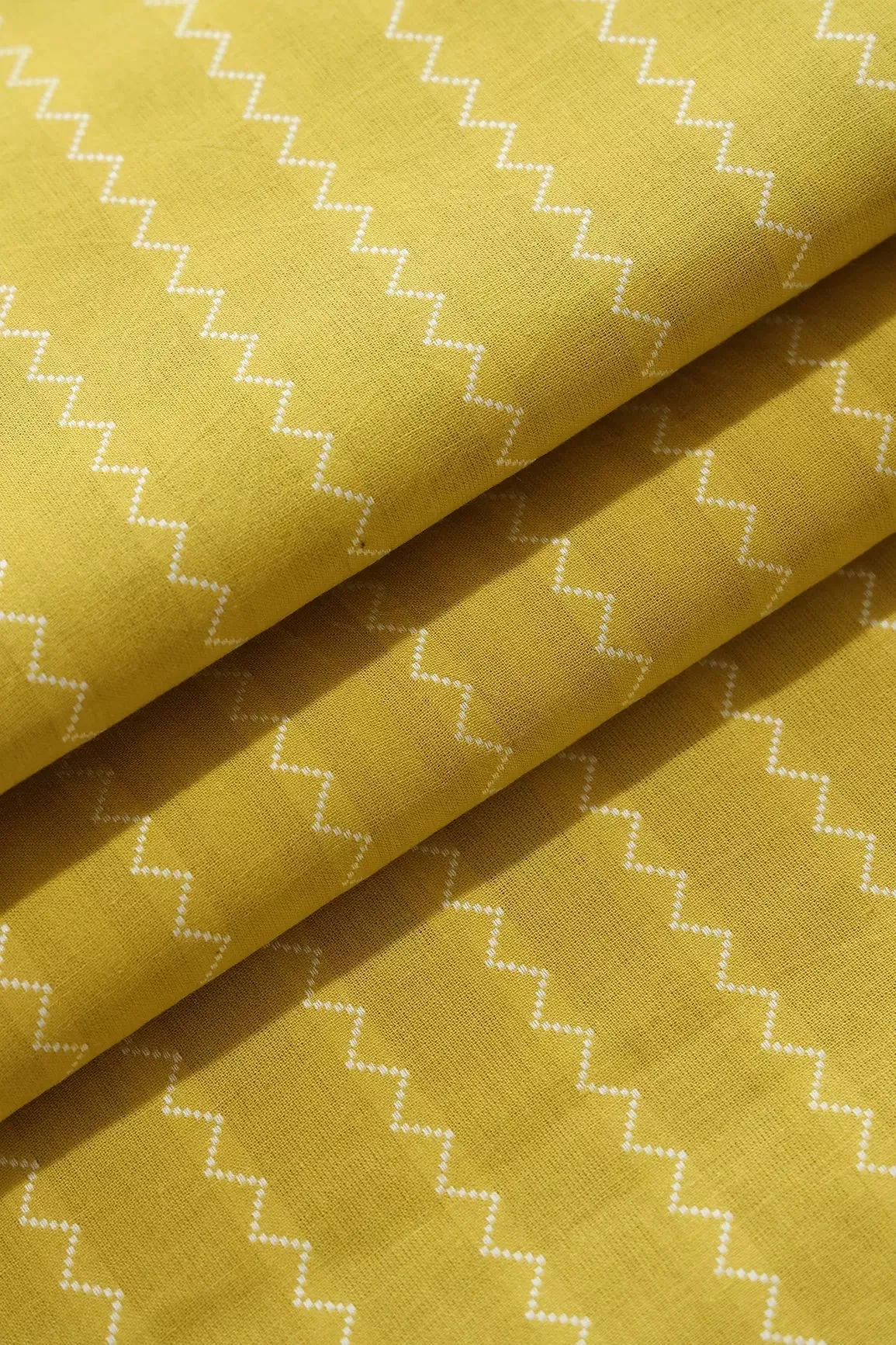 Lemon Yellow And White Chevron Pattern On Handwoven Organic Cotton Fabric