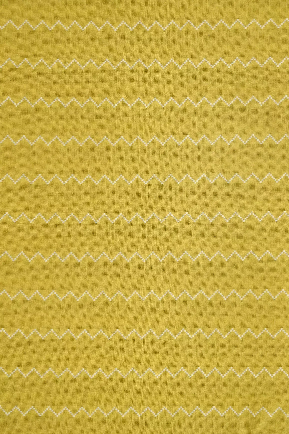 Lemon Yellow And White Chevron Pattern On Handwoven Organic Cotton Fabric