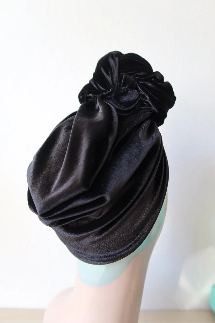 Made To Order: ROSE KNOT Velvet Pre-tied Stretchy 1940s Style Turban in Black, Claret, Bottle Green & Dusky Pink