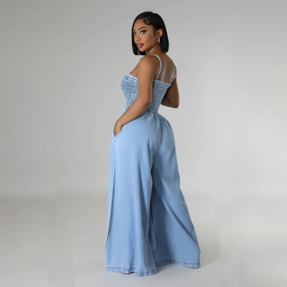 MALYBGG Fashionable Washed Denim Sexy Strappy Wide-Leg Jumpsuit for Women ZZ-27848