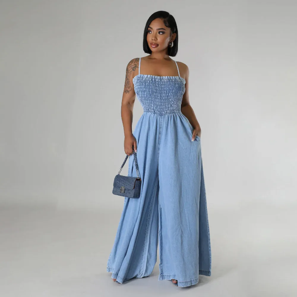 MALYBGG Fashionable Washed Denim Sexy Strappy Wide-Leg Jumpsuit for Women ZZ-27848