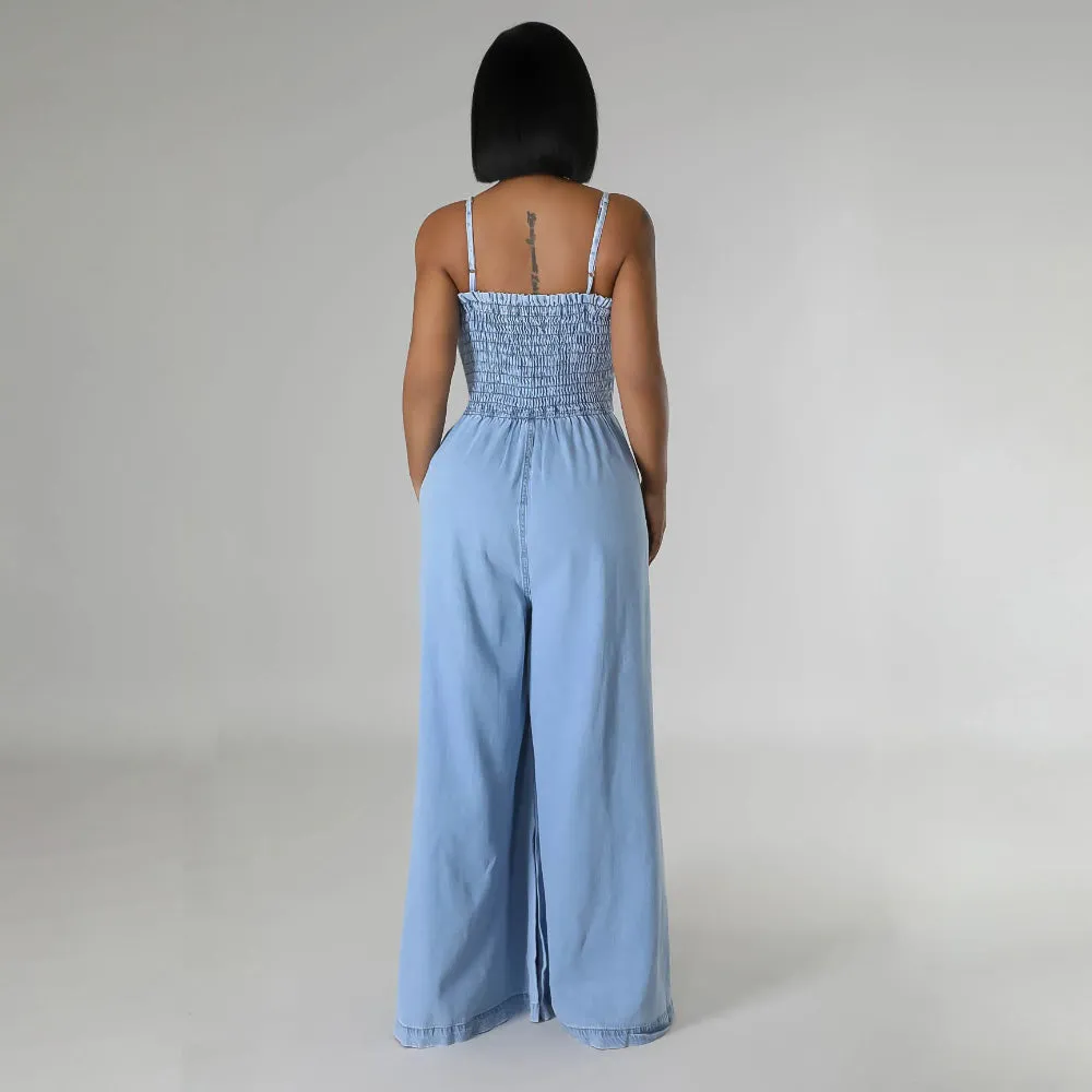 MALYBGG Fashionable Washed Denim Sexy Strappy Wide-Leg Jumpsuit for Women ZZ-27848