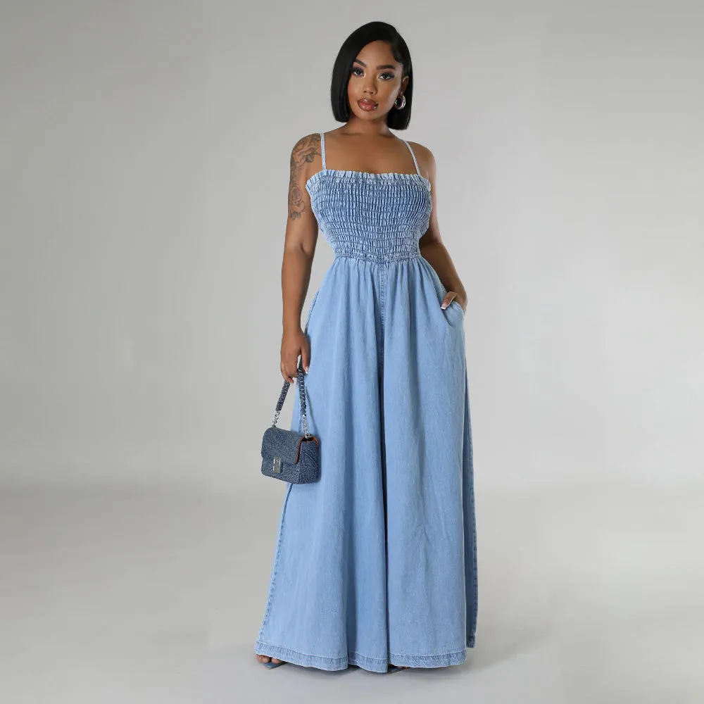 MALYBGG Fashionable Washed Denim Sexy Strappy Wide-Leg Jumpsuit for Women ZZ-27848