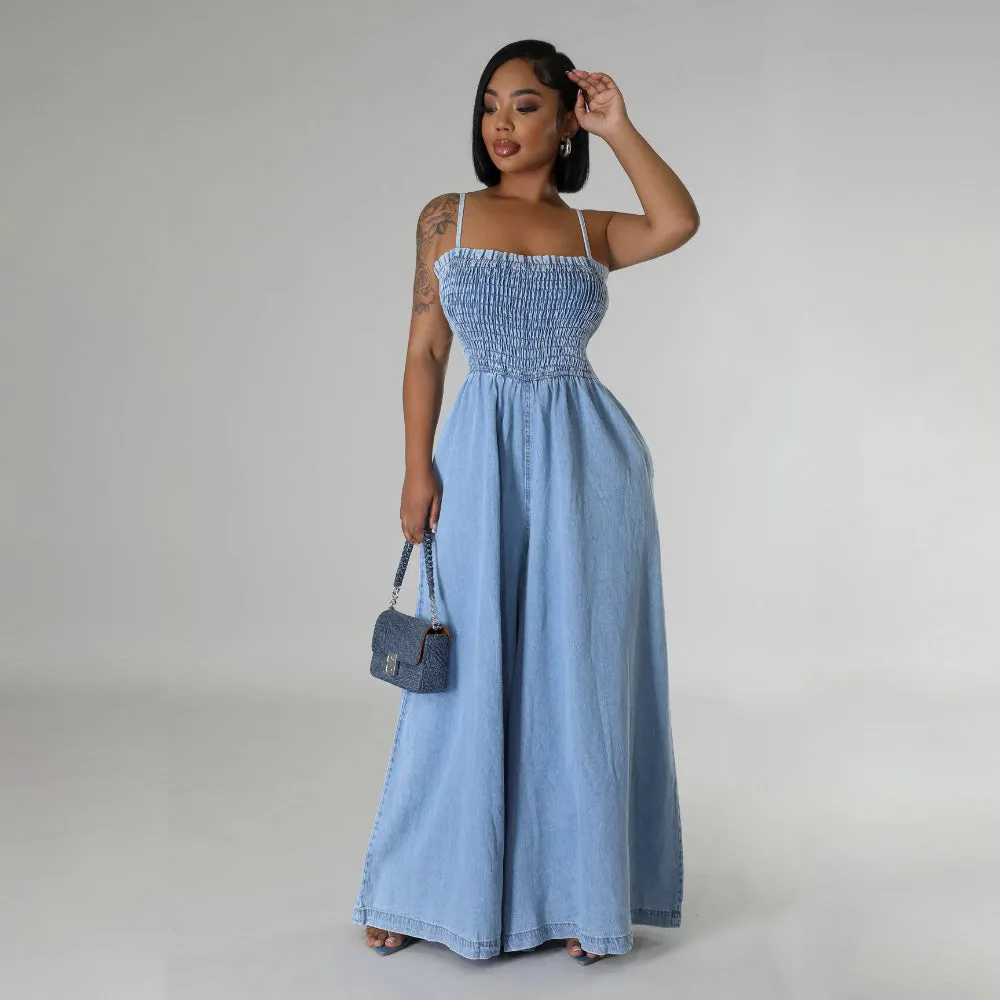 MALYBGG Fashionable Washed Denim Sexy Strappy Wide-Leg Jumpsuit for Women ZZ-27848