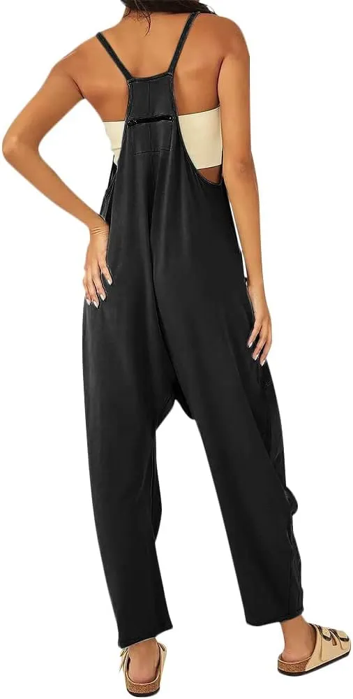 New CAIYING Jumpsuit for Women Casual Sleeveless Summer Romper Baggy Overalls with Pockets Black, Sz M
