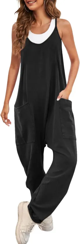 New CAIYING Jumpsuit for Women Casual Sleeveless Summer Romper Baggy Overalls with Pockets Black, Sz M