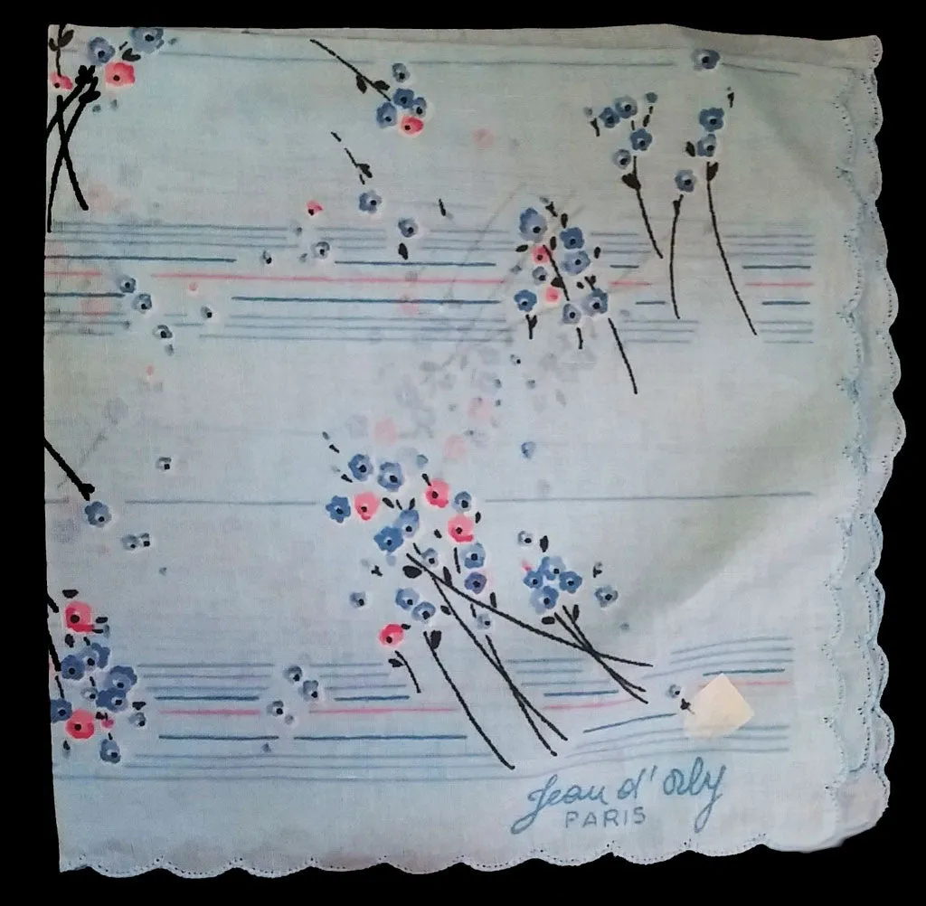 *NEW OLD STOCK - VINTAGE JEAN OL' ORLY - PARIS HANDKERCHIEF IN BLUES, PINK AND BLACK LONG STEM FLORALS