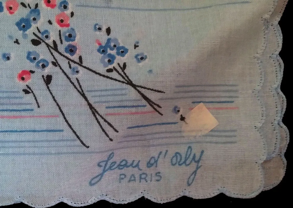 *NEW OLD STOCK - VINTAGE JEAN OL' ORLY - PARIS HANDKERCHIEF IN BLUES, PINK AND BLACK LONG STEM FLORALS