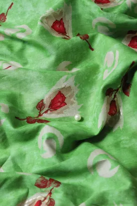 Parrot Green And Beige Color Floral Foil Print On Pure Mul Cotton Fabric