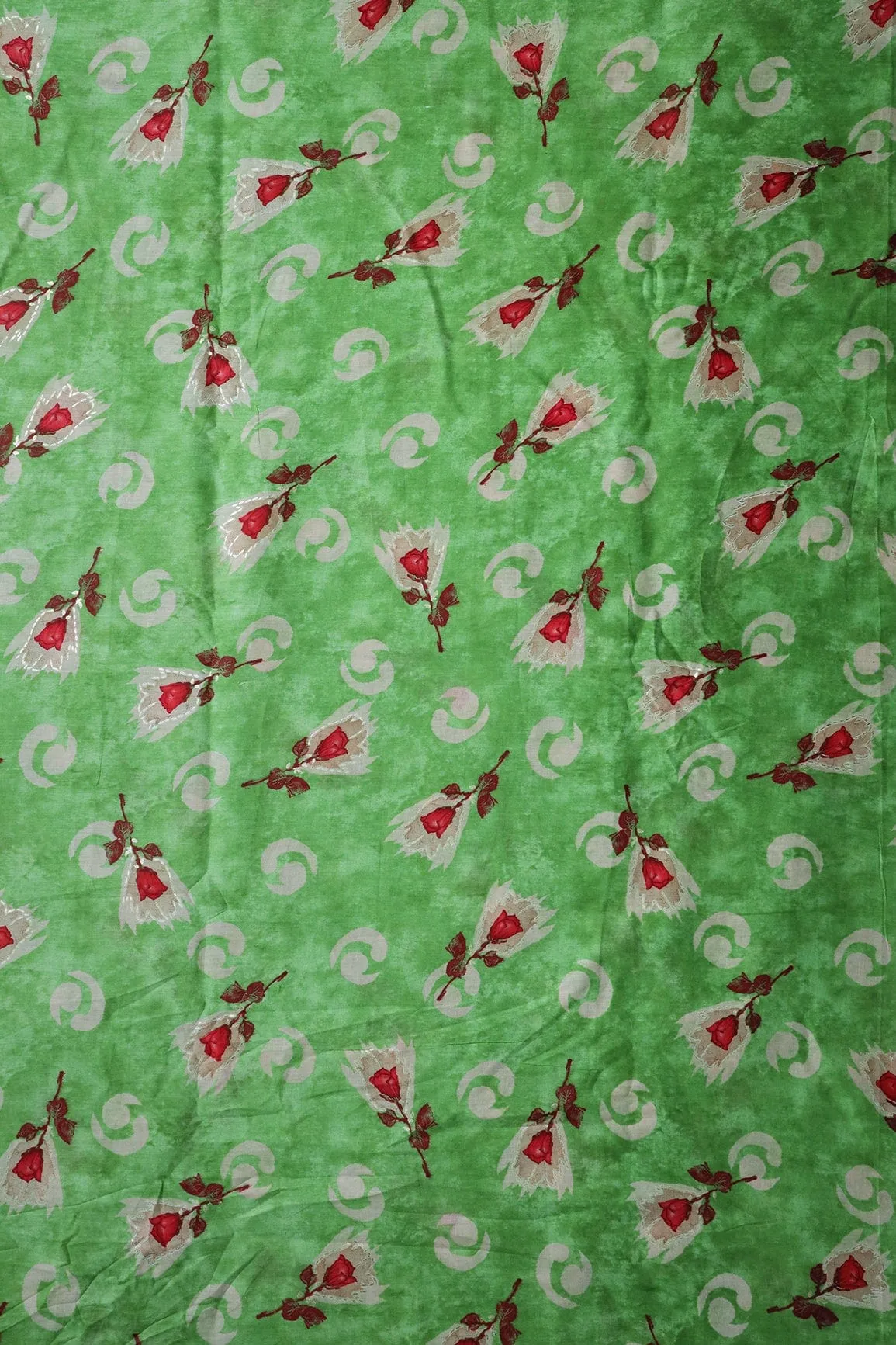 Parrot Green And Beige Color Floral Foil Print On Pure Mul Cotton Fabric