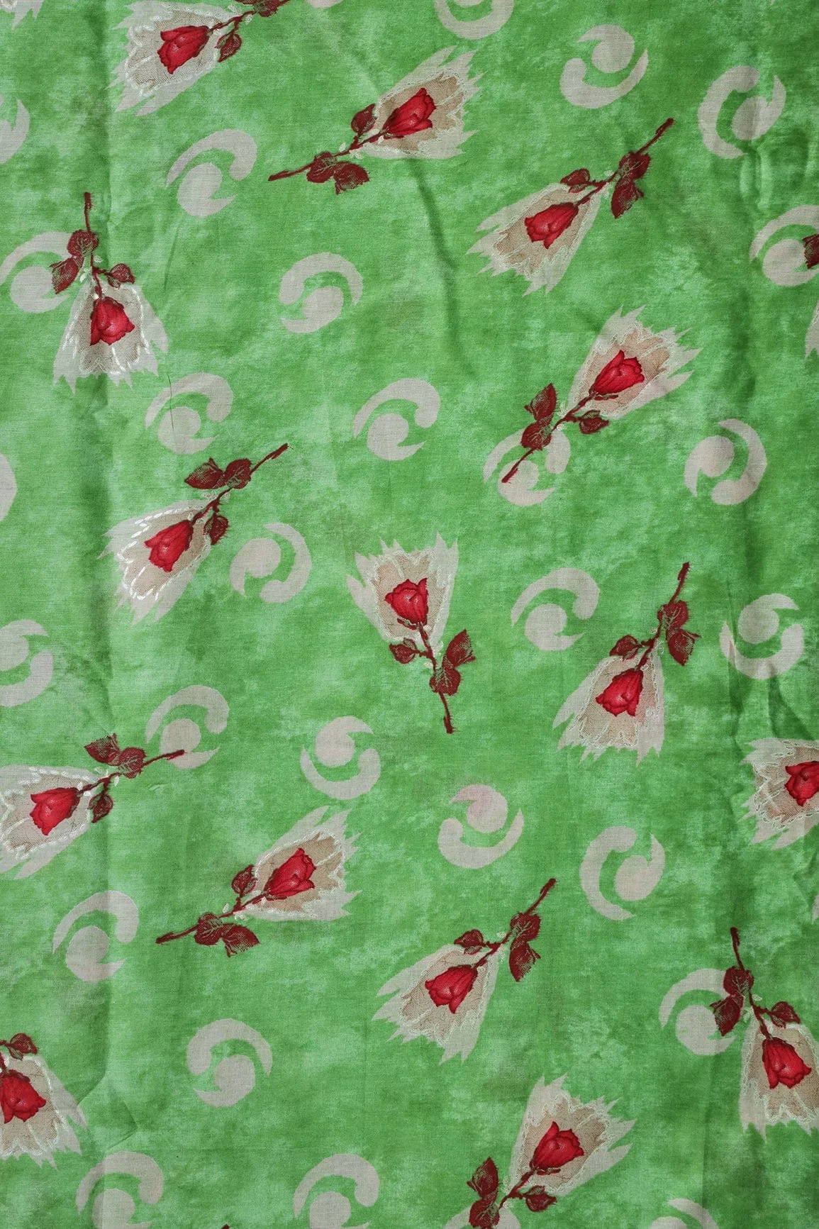 Parrot Green And Beige Color Floral Foil Print On Pure Mul Cotton Fabric