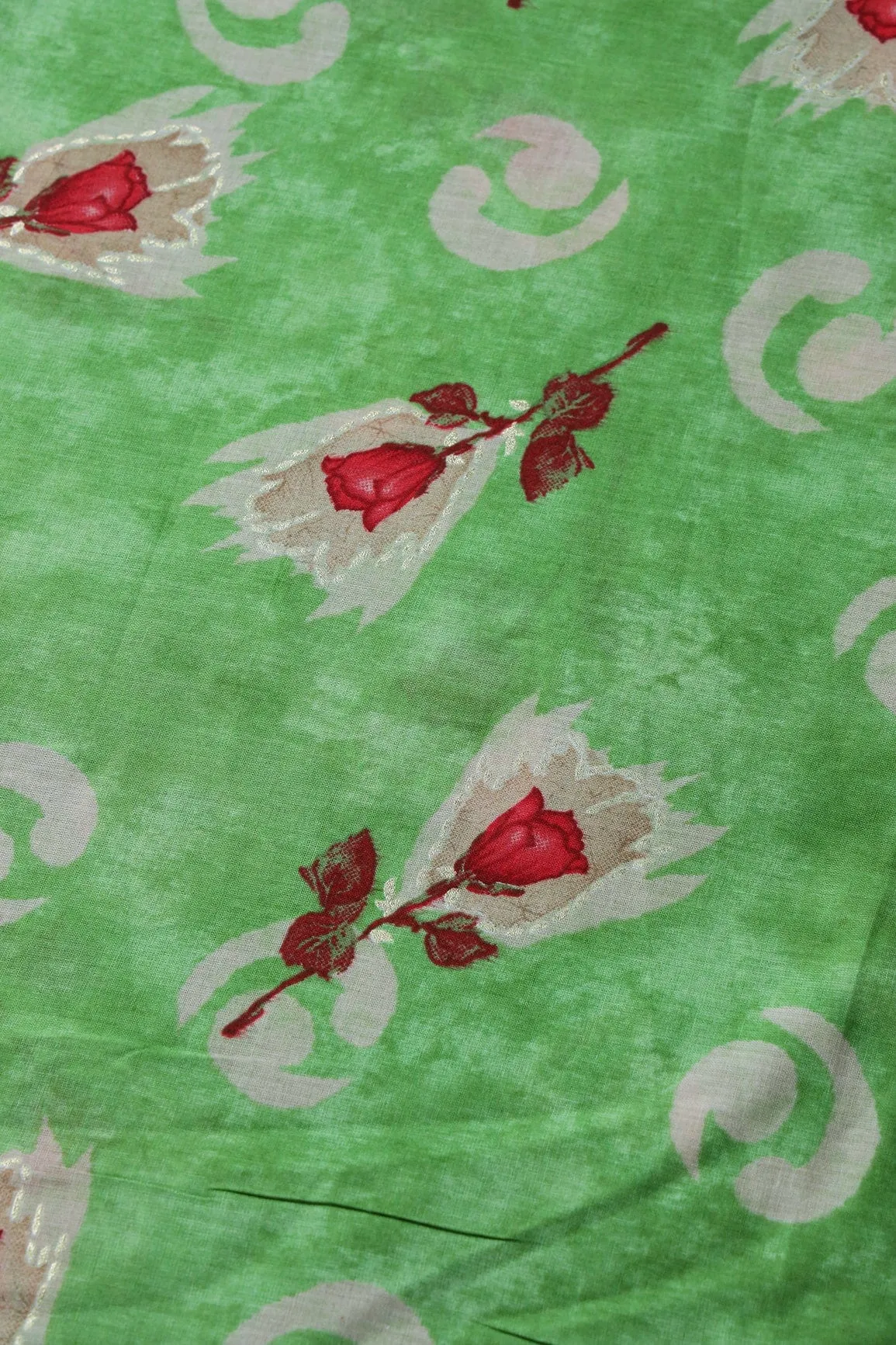 Parrot Green And Beige Color Floral Foil Print On Pure Mul Cotton Fabric