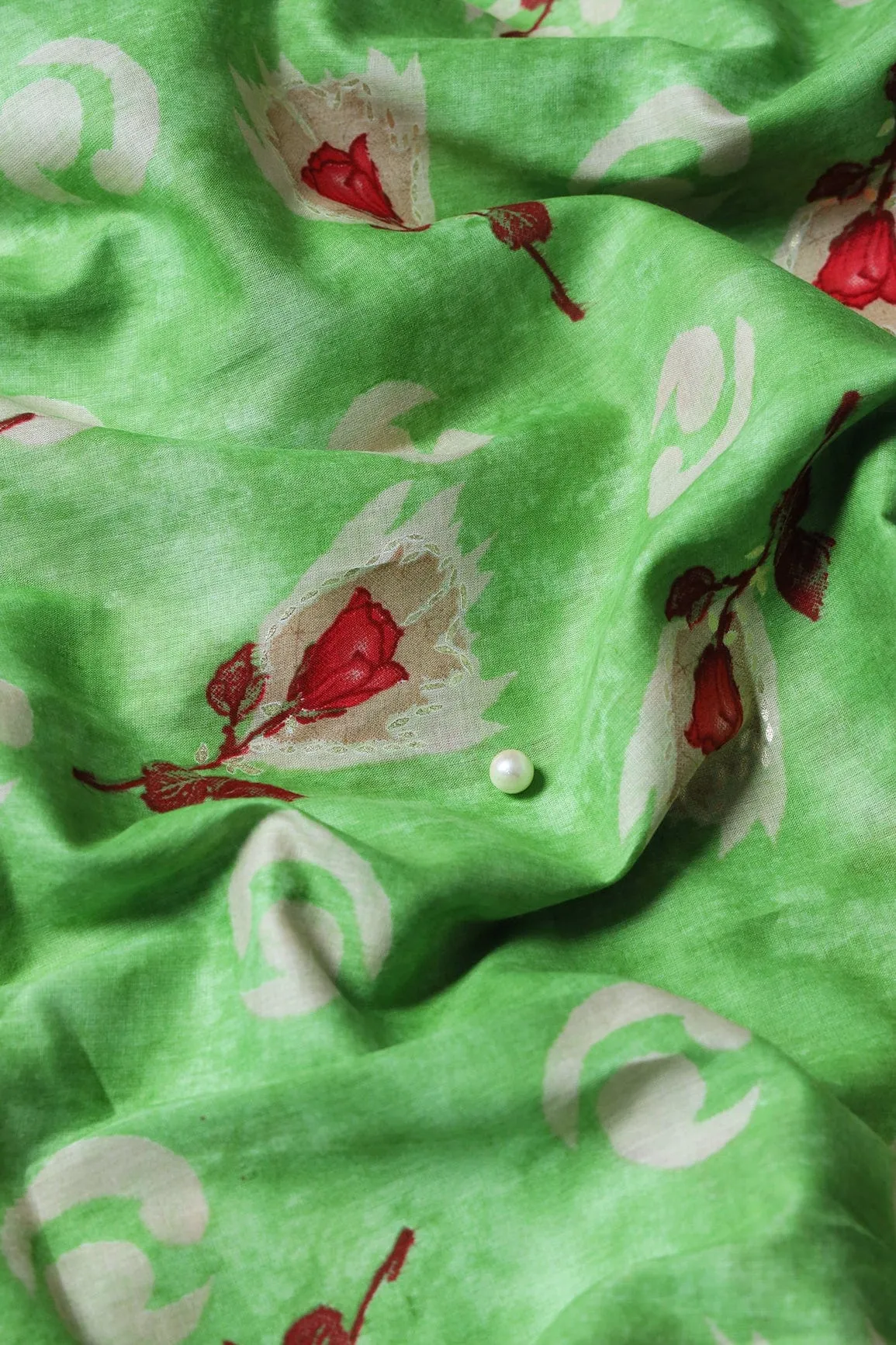 Parrot Green And Beige Color Floral Foil Print On Pure Mul Cotton Fabric