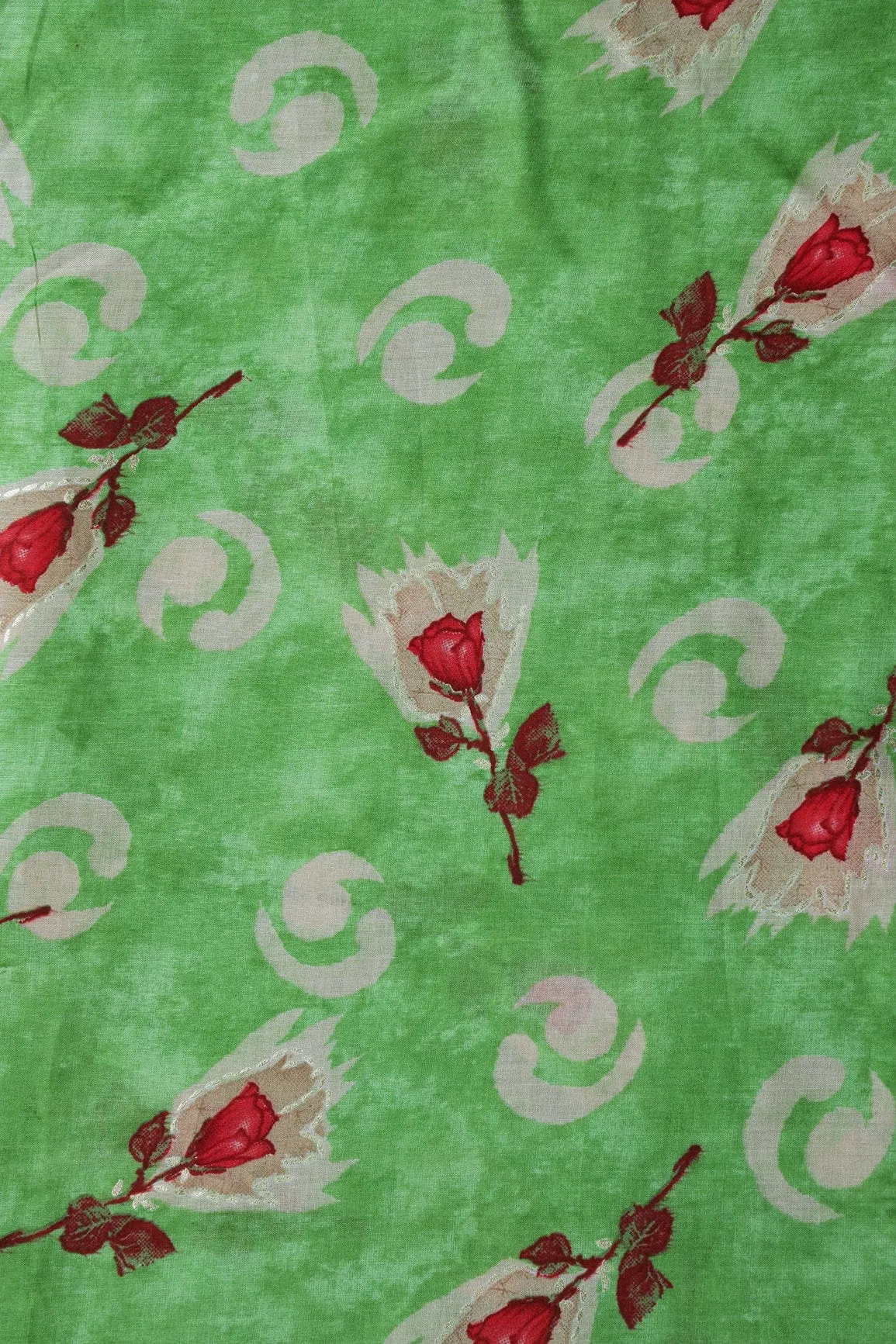 Parrot Green And Beige Color Floral Foil Print On Pure Mul Cotton Fabric