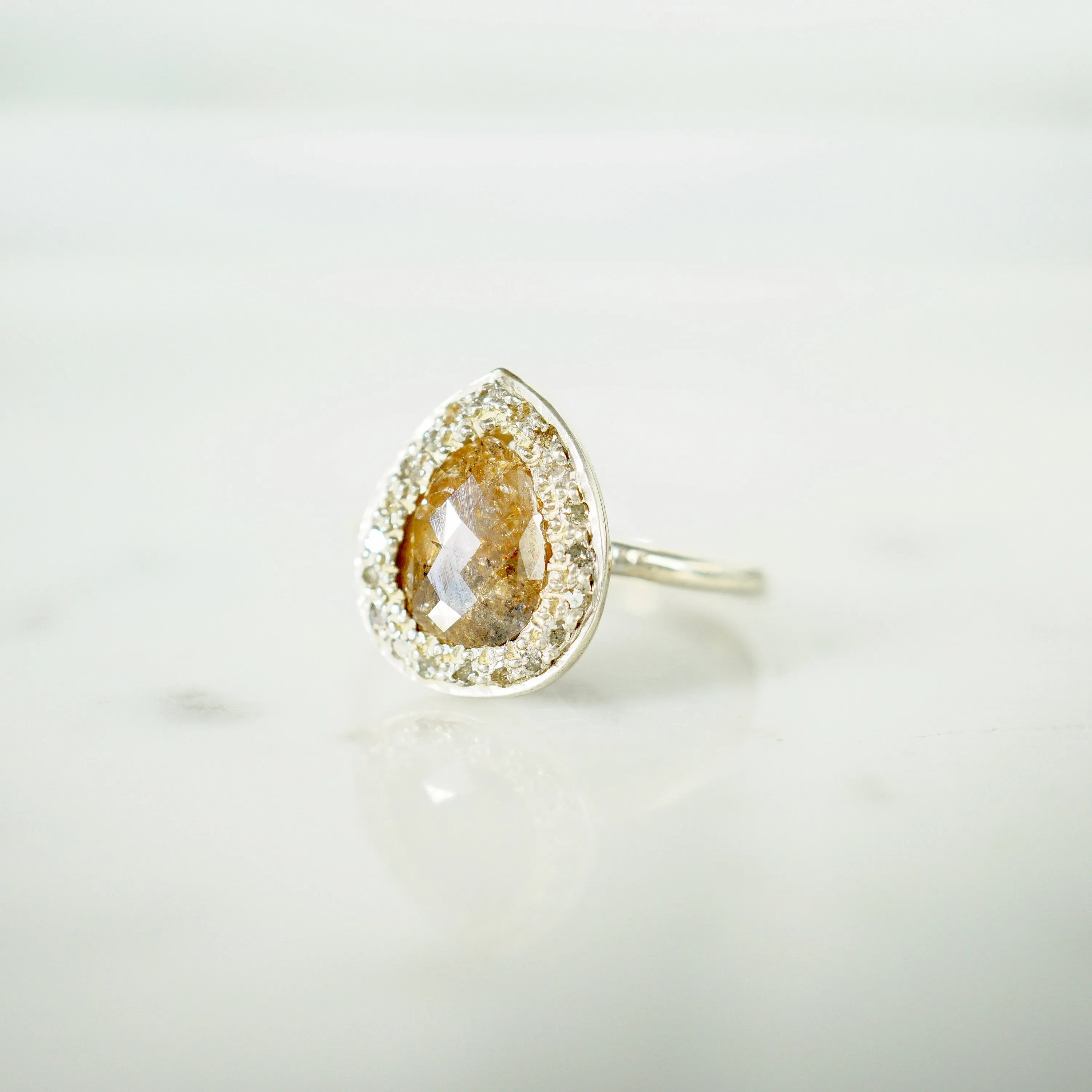 Pear Shaped Engagement Ring - Rustic Diamond Engagement Ring - Silver Diamond Ring - Affordable Diamond Ring