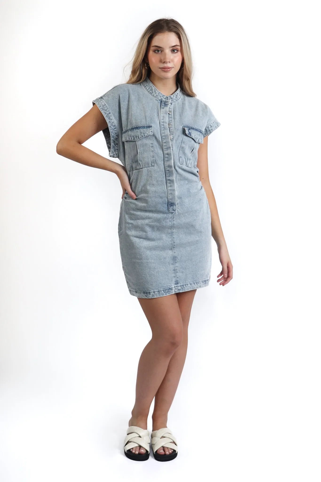 Pleated Waist Denim Mini Dress