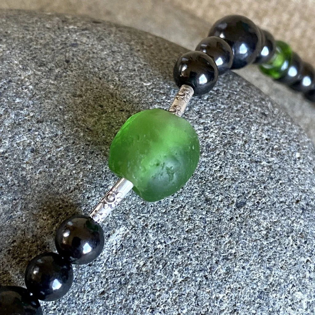 Shungite Necklace, Hill Tribe Silver, Recycled Glass Beads from Ghana