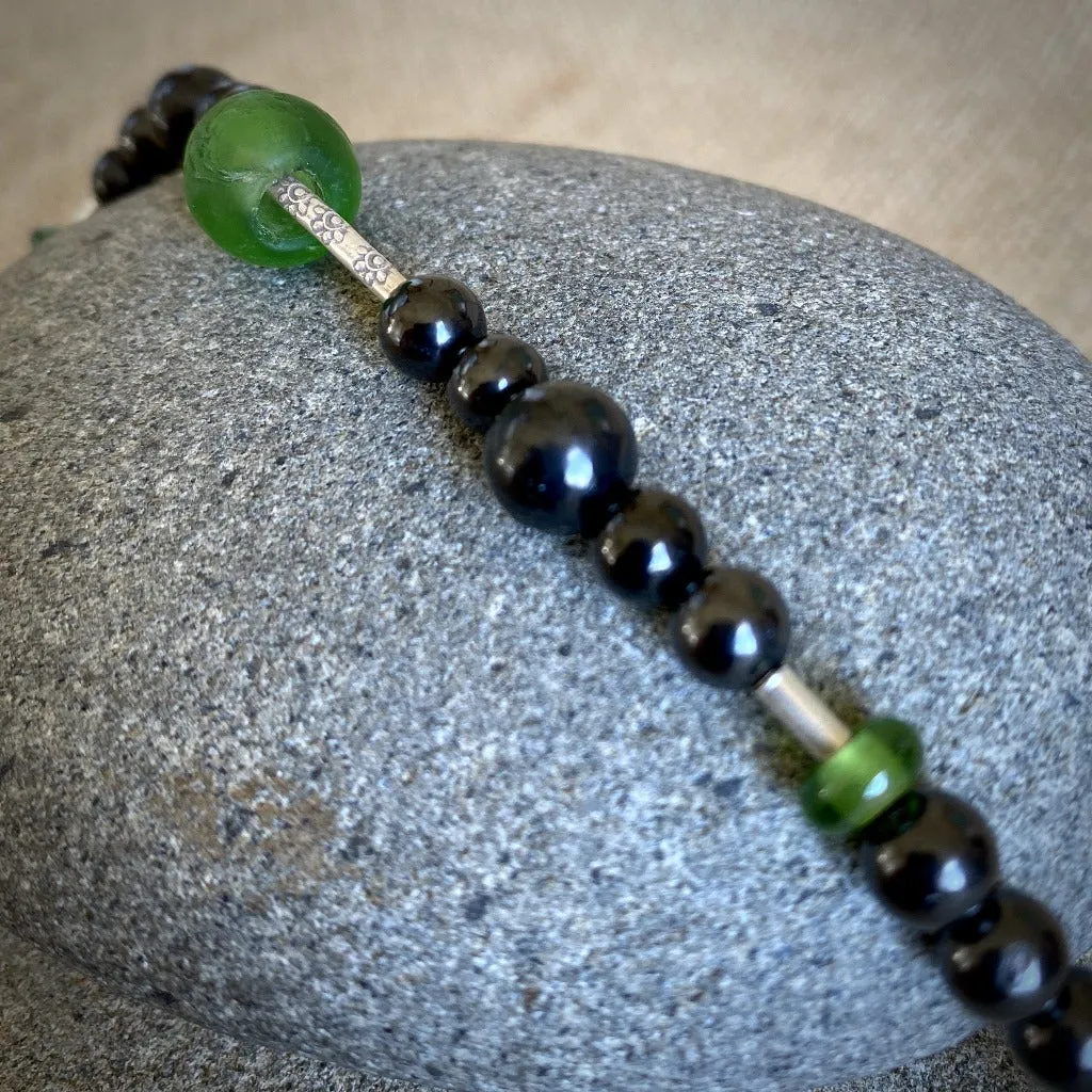 Shungite Necklace, Hill Tribe Silver, Recycled Glass Beads from Ghana