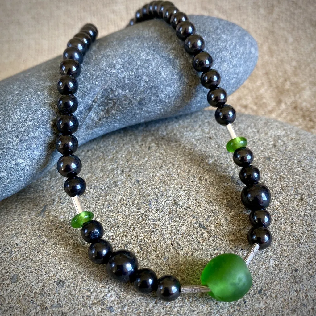 Shungite Necklace, Hill Tribe Silver, Recycled Glass Beads from Ghana