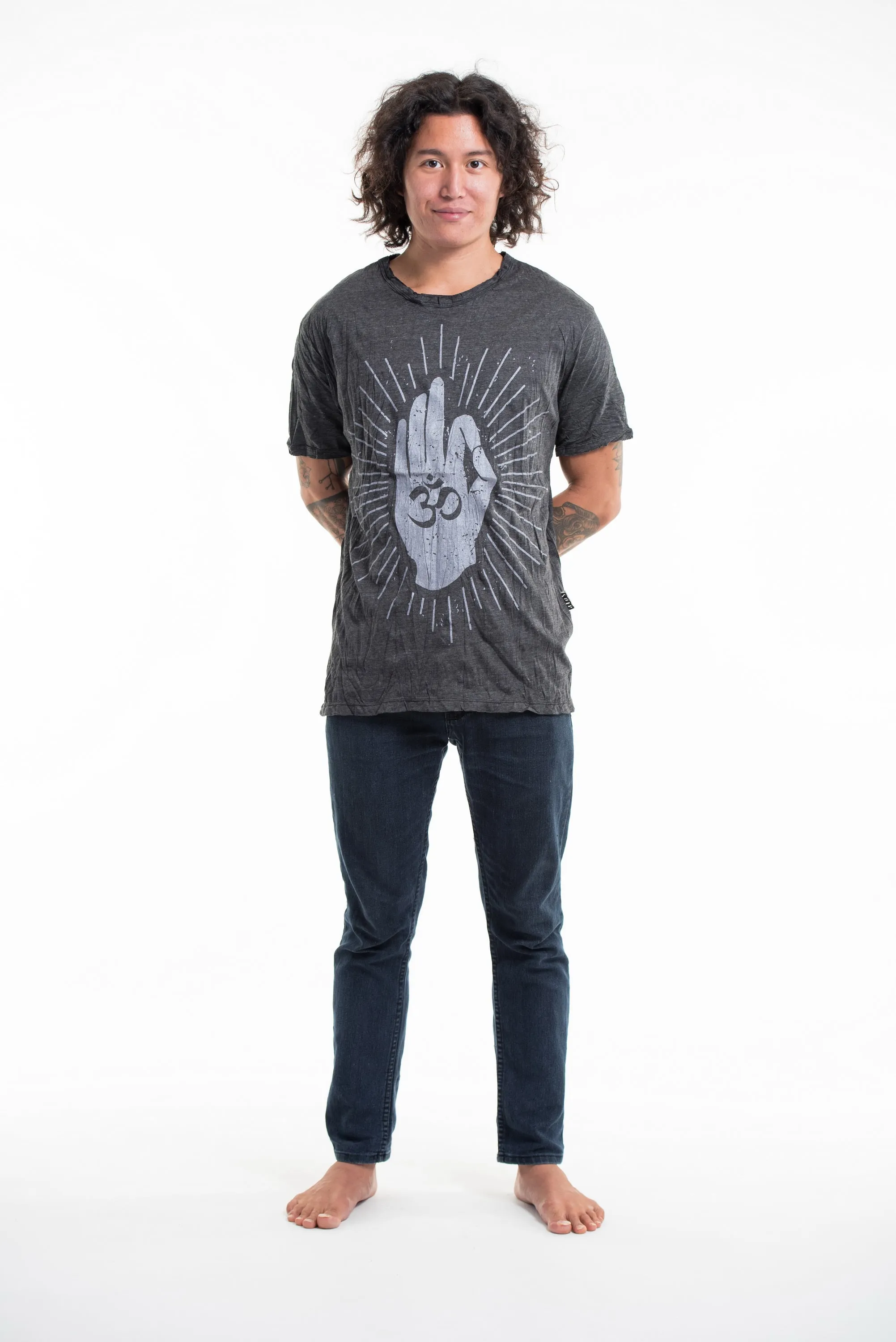 Sure Design Men's Hand of Om T-Shirt Silver on Black