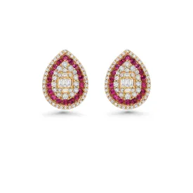 Triple Halo Diamonds & Rubies Pear Shape Studs Earring (1.45 ct.) in 14K Gold